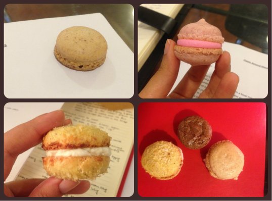 LtoR: Basic macaron shells, Pink Almod Macaron, Coconut Macaron, The Holy Trio: Coconut, Chocolate & Caramel