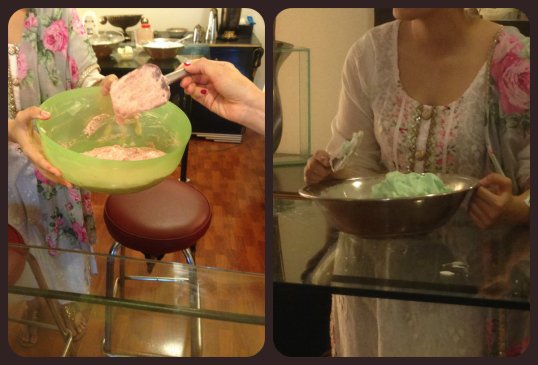 Muneeze guiding us step by step; the pink mixture almond and the green mixture is for the coconut ones